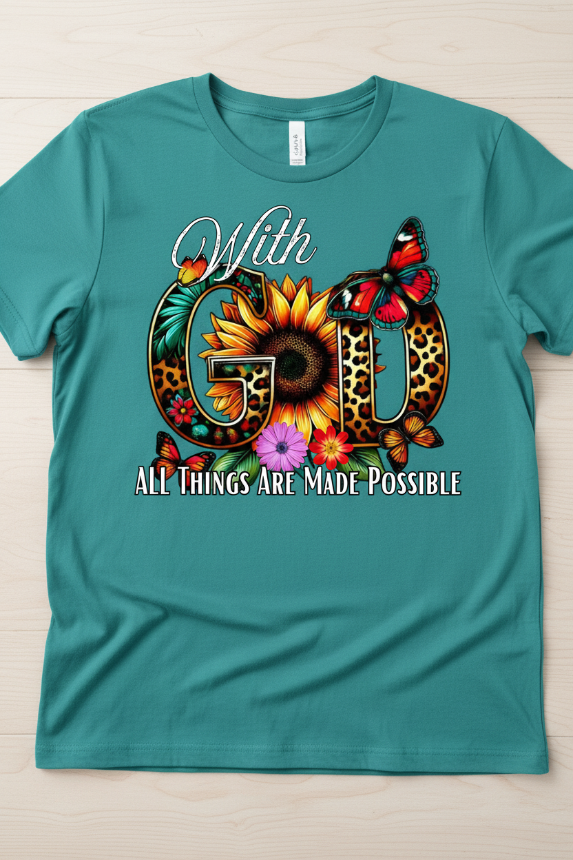 Ladies “With God” Teal Graphic Tee